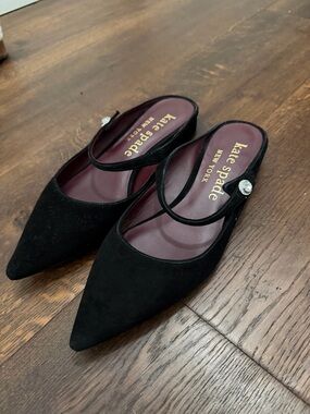 kate spade Black Suede Pointed Toe Mules with Crystal Strap